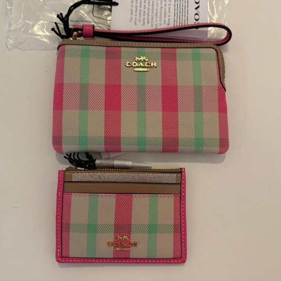 Coach Mini Skinny Id Case w wristlet/wallet /Plaid Print set/pink/ multi - Picture 3 of 16